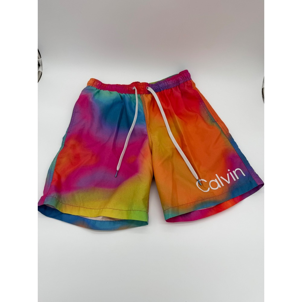 Calvin Klein Mens Rainbow Tie Dye Swim Trunks Logo Shorts CB9V6013 Medium